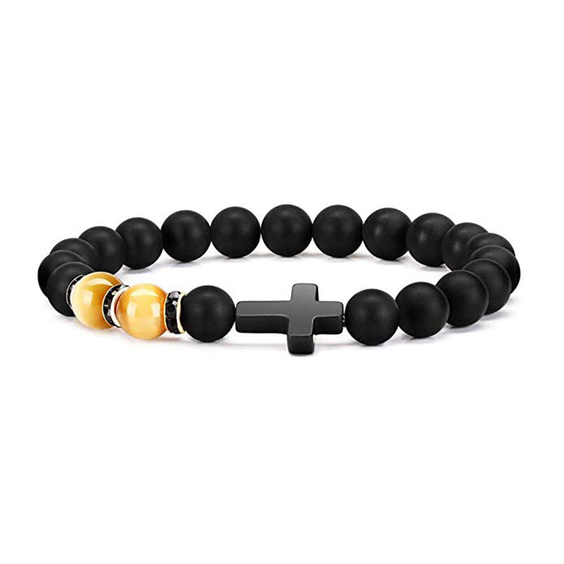 Men's Easter Bracelet Matte8mm Bead Spacer Elastic Bracelet Tiger Eye Stone Black Matte Cross Bracelet