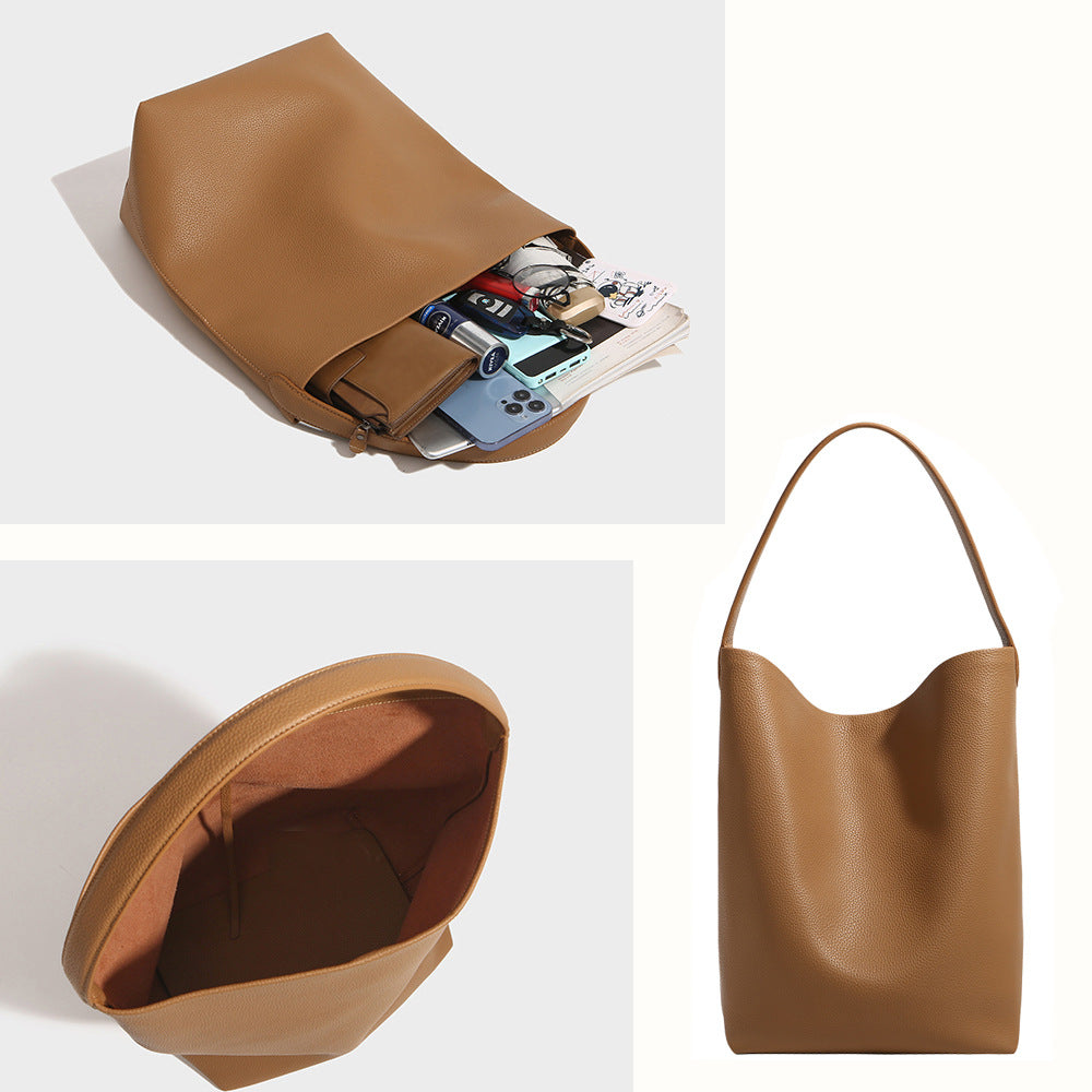 Women's Genuine Leather Underarm Bag Large Capacity Tote Bag Top Layer Cowhide Commuter High-End Feel Single Shoulder Bucket Bag