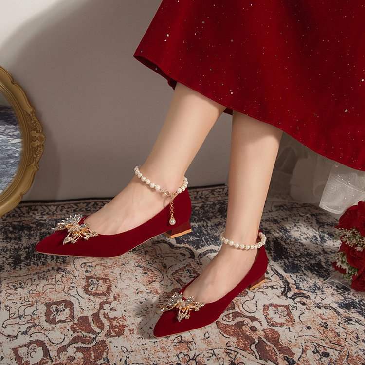 Pointed Elegant Burgundy High Heels2025New Year's New Socialite Bowknot Comfortable Bride Shoes Two-Way Wedding Shoes