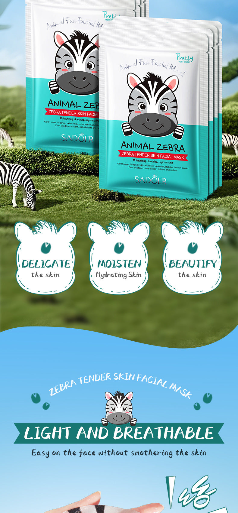 Full English Animal Zebra Pattern Skin Rejuvenation Mask SADOER Moisturizing and Hydrating Face Mask  Wholesale