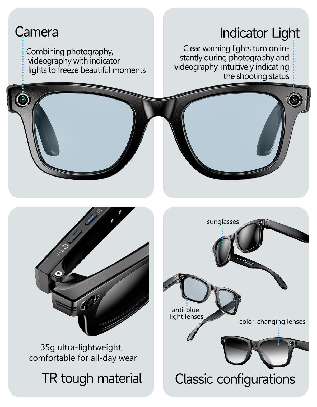 【Upgraded Version】Ai Smart Glasses Shooting800W Pixel HD anti-shake dual noise reduction sunglasses with camera