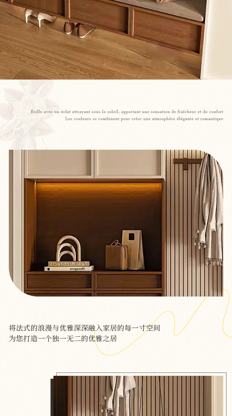 Meikexin French Style Solid Wood Entryway Shoe Rack and Coat Rack with Shoe Changing Stool, Multi-Functional Integrated Wall-Mounted Whole House Customization System