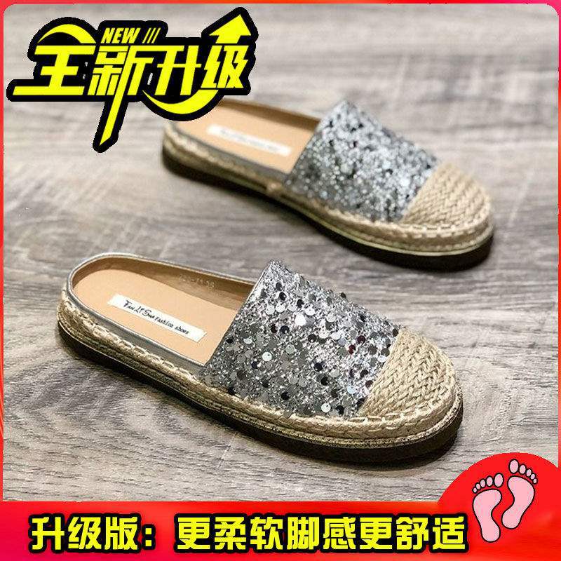 2025Spring New Knitted Retro Round Toe Sequin Slip-On Flat Fashion Closed-Toe Half Slippers Backless Fisherman Shoes