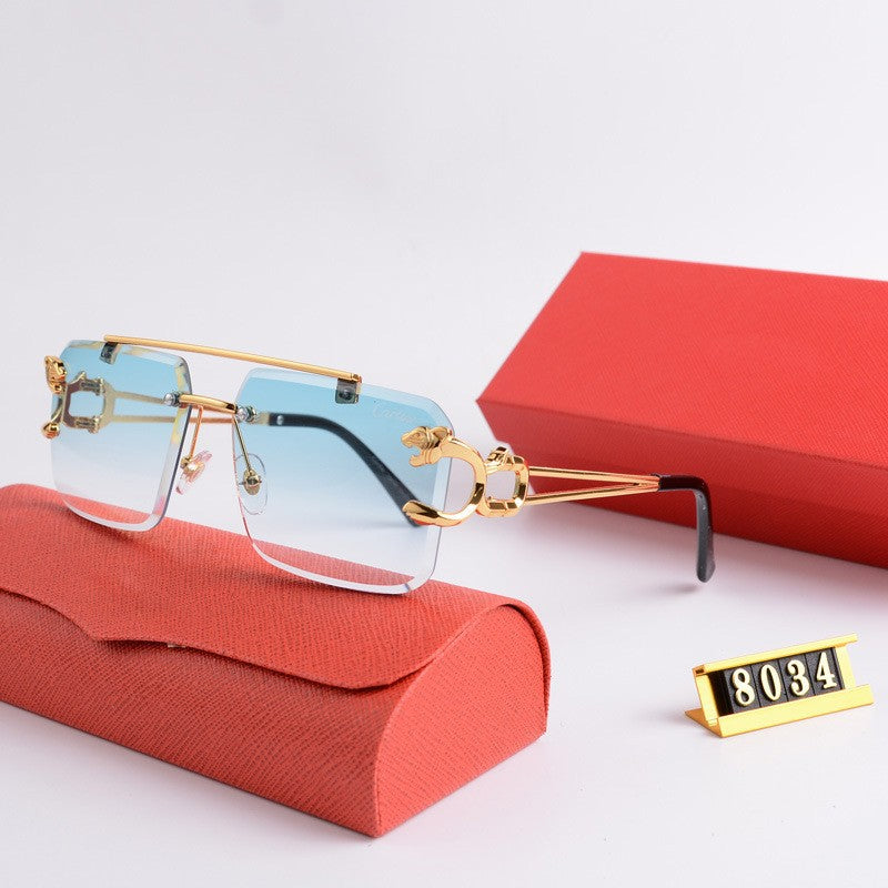 New Frameless Leopard Head Sunglasses for Women, Metal Double Bridge Frameless Sunshade Glasses, Trendy Men's Square Sunglasses