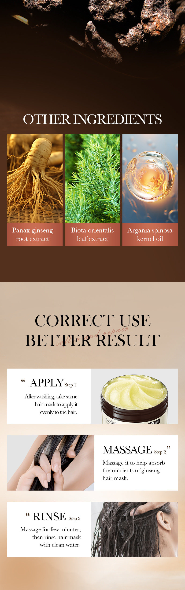 Full English Ginseng and Polygonum Multiflorum Hair Mask SADOER Nourishing Anti-Breakage Smooth Voluminous Hair Mask  Wholesale