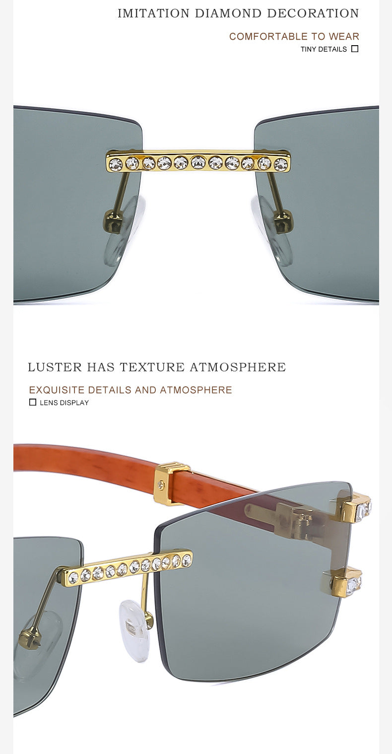 Imitation Wood Grain Leg Retro Sunglasses for Men Fashion Trend Diamond-Studded Rimless Sunglasses Men's Sun Protection Square Frame Glasses Street Style
