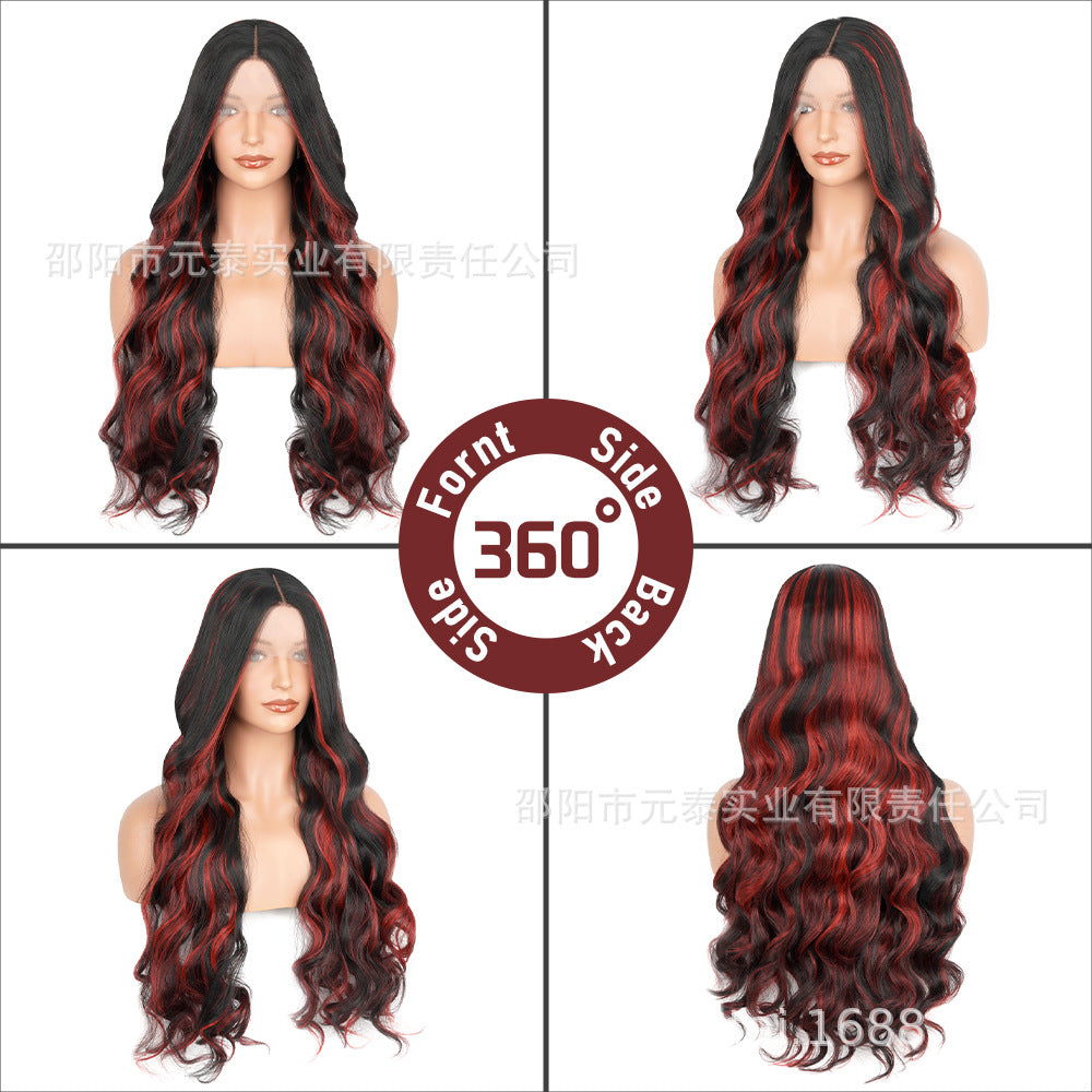 European and American Style Wig for Women, Front Lace, Wavy Long Curly Hair, Red and Black Gradient Color, High-Temperature Fiber, Synthetic Hair Wig, European and American Cross-Border