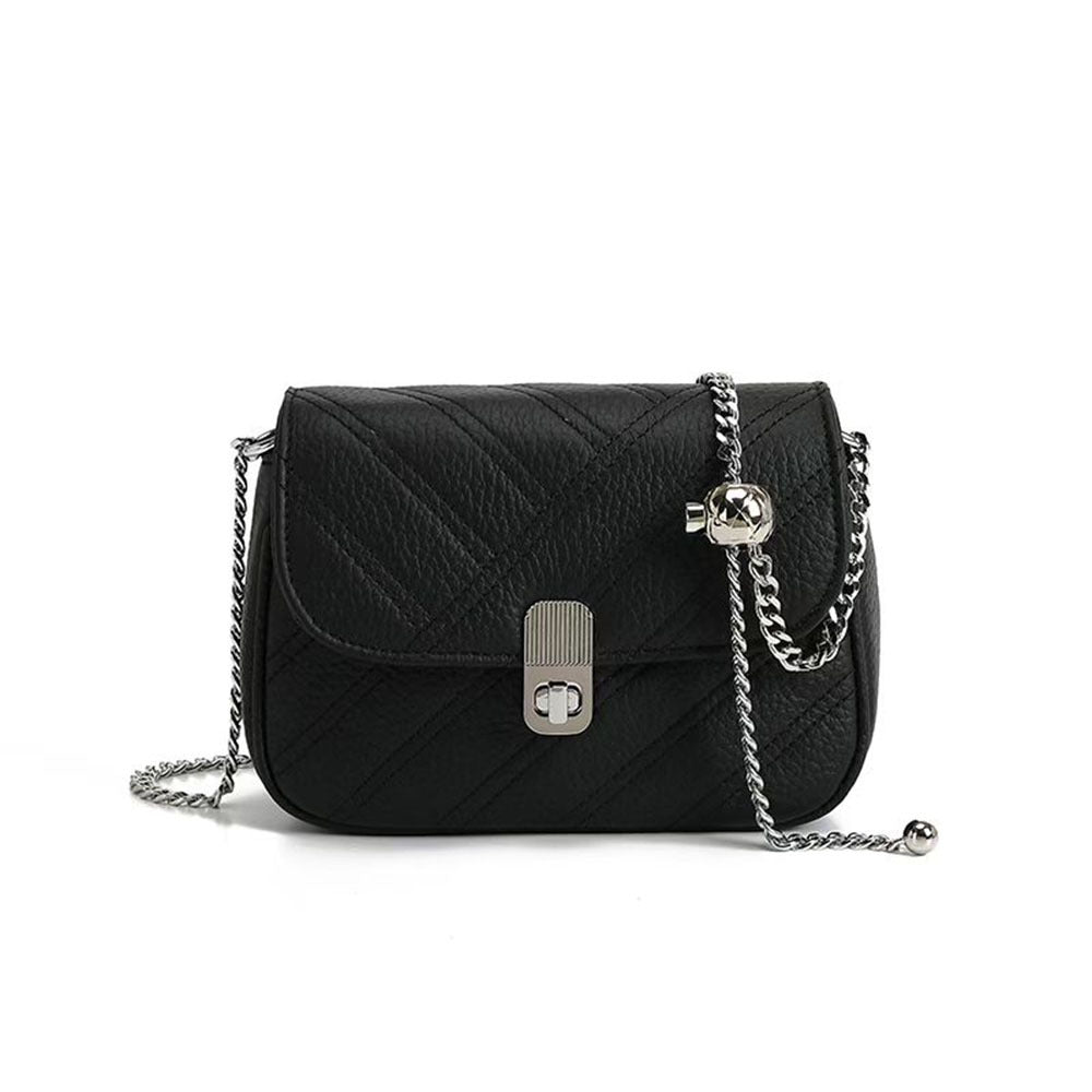 Genuine Leather Women's Bag New Metal Chain Small Square Bag Simple Versatile Chanel Style Single Shoulder Solid Color Embroidered Thread Crossbody Bag
