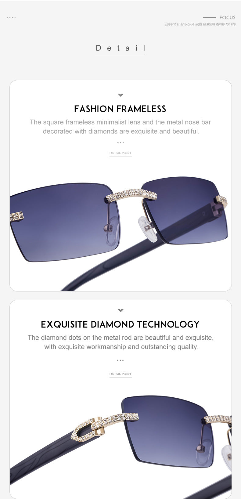 European and American Retro Frameless Men's Sunglasses with Diamond Inlay and Wood Grain Temples New Style Glasses Wholesale shades