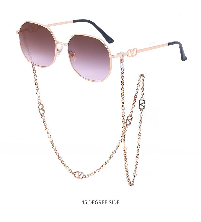 Chain Sunglasses for Women, Internet Celebrity Style, Anti-Drop Chain, Irregular Polygonal Full Frame Sunglasses for Women, Trendy