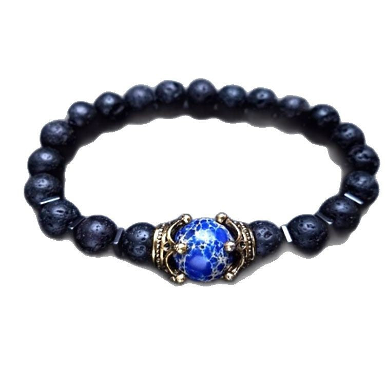 Men's Black Matte White Pine Bracelet8mm Elastic Cord Beaded Black Gallstone Volcanic Tiger Eye Frosted Crown Bracelet