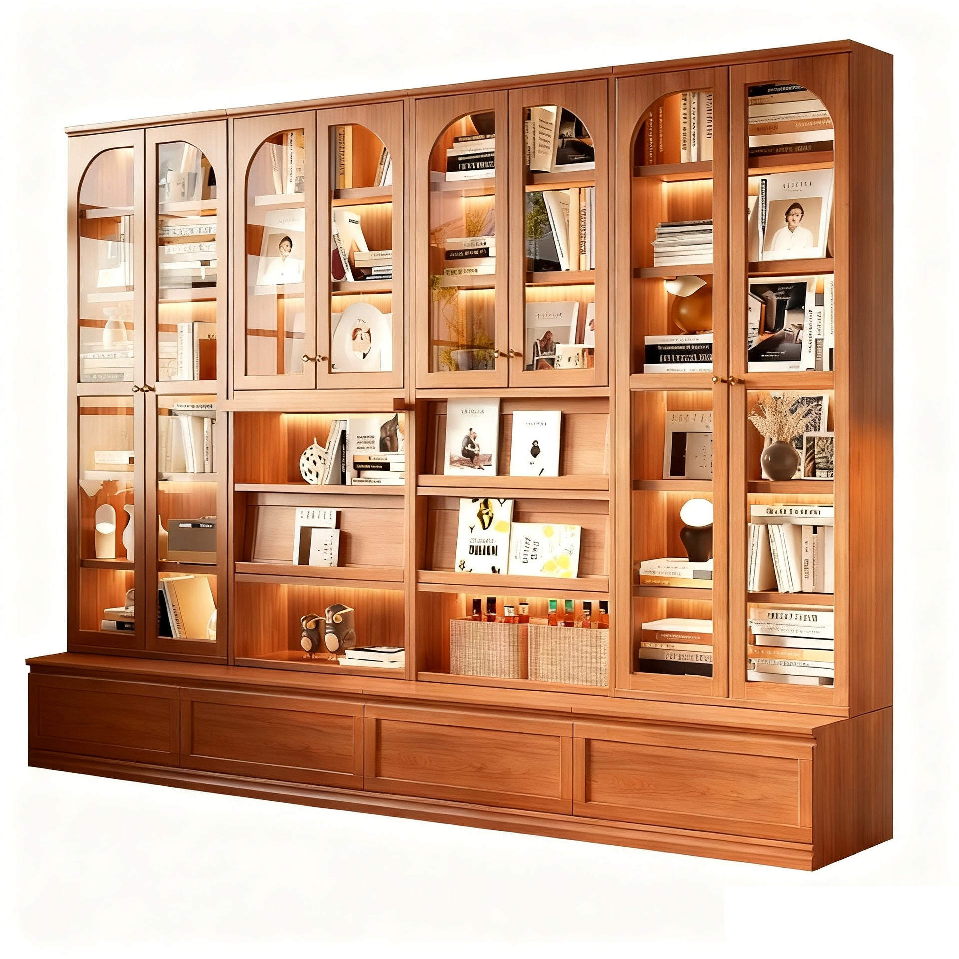 Custom Aluminum Alloy Bookshelf Walnut Color Living Room Combination Integrated Wall Floor Book Storage Display Organizer