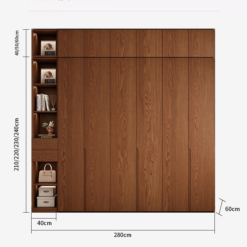 Oak Wardrobe Solid Wood Bedroom Household Handle-Free Storage Cabinet Walnut Color ENF Grade Combination Segmented Wardrobe