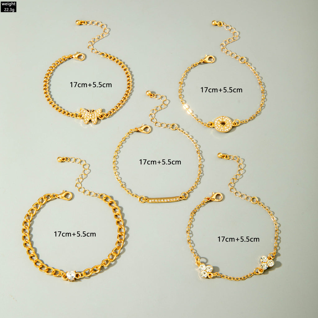 European and American Light Luxury Accessories Heart-shaped Leaf Inlaid Diamond Four-layer Bracelet Butterfly Knot Open Bracelet Set for Women