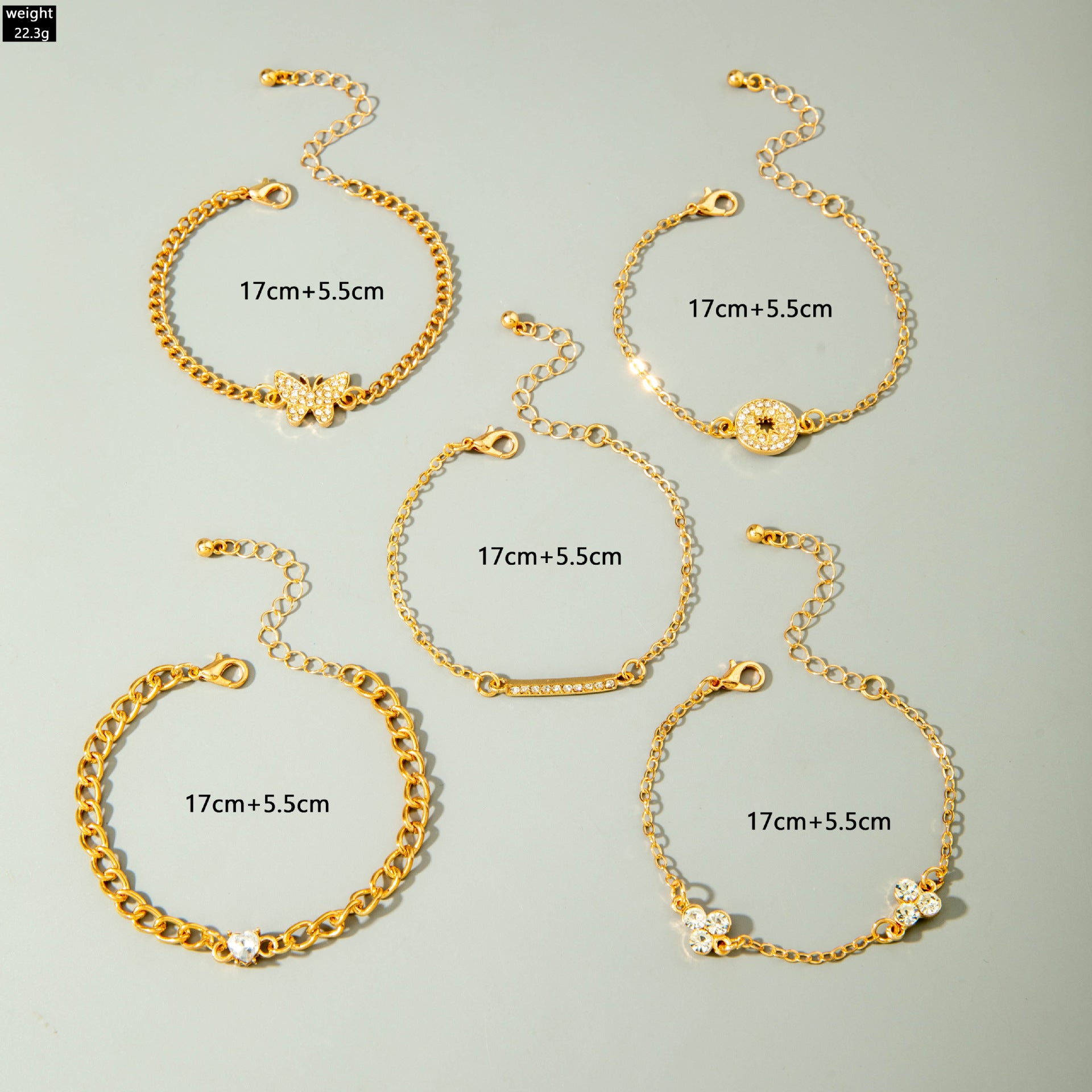 European and American Light Luxury Accessories Heart-shaped Leaf Inlaid Diamond Four-layer Bracelet Butterfly Knot Open Bracelet Set for Women