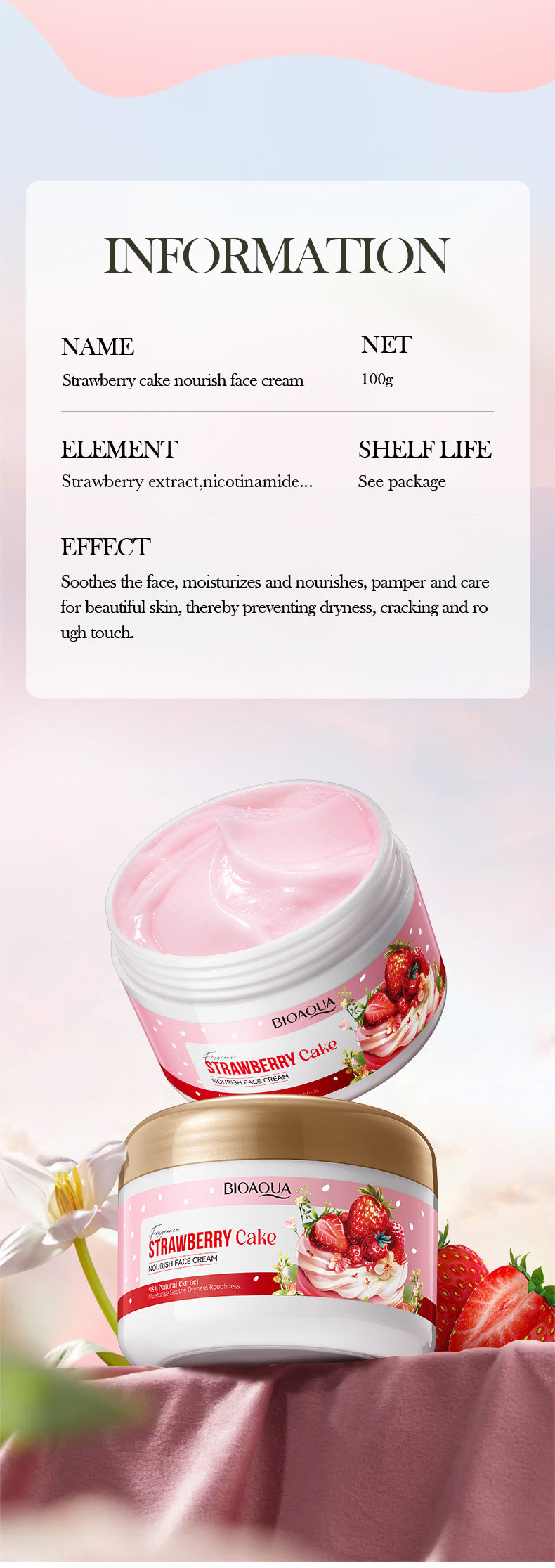 Full English Strawberry Cake Nourishing Cream BIOAOUA Moisturizing skin moisturizing cream  foreign trade wholesale