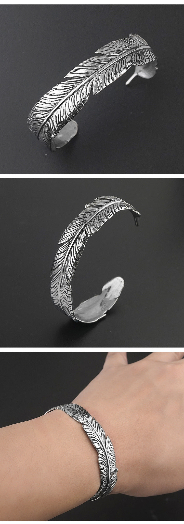 Stainless Steel Fashion Personality Creative Feather Bracelet Titanium Steel Unisex Open Vintage Arm Ring Jewelry
