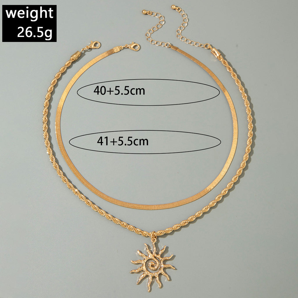 European and American Fashion Jewelry Double Layer Stacked Sunflower Pendant Necklace Simple Flat Snake Necklace Wholesale