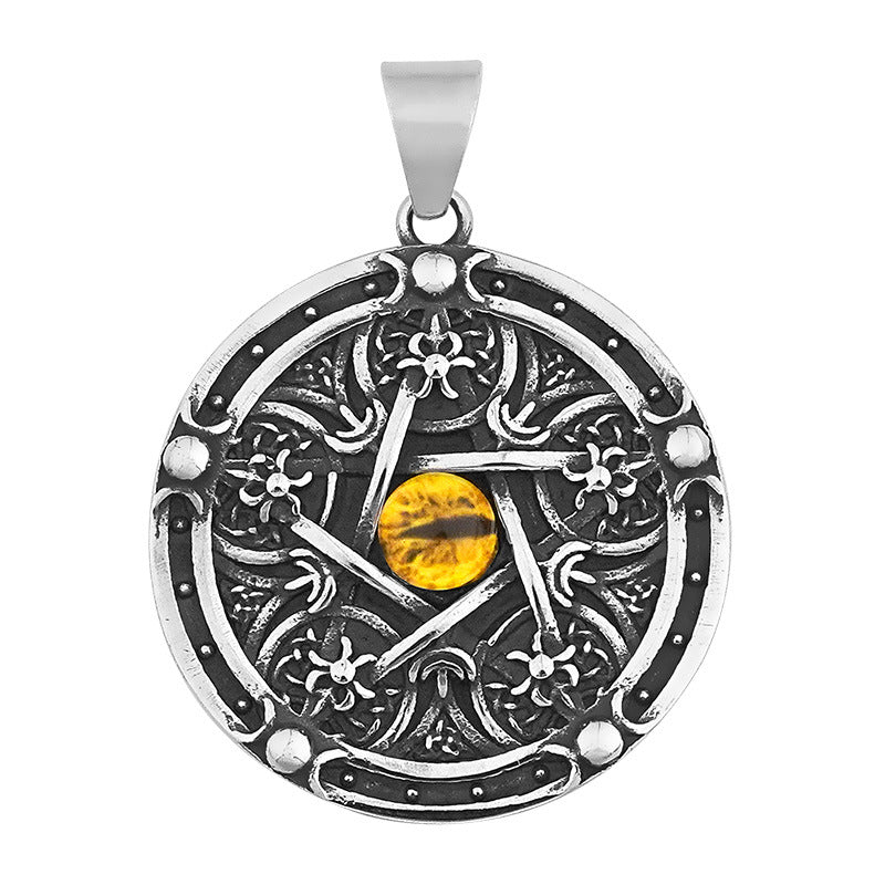 Vintage Stainless Steel Men's Pendant Personality Round Pentagram Demon Eye Titanium Steel Necklace Wholesale