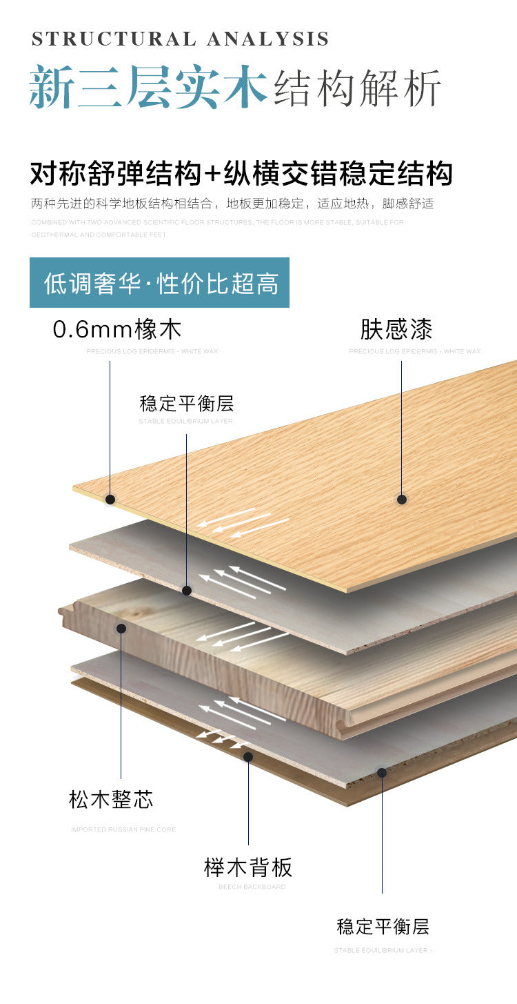 Free home installation with solid wood skirting board included Smooth Skin Feel Lacquer Flooring New Three-Layer Solid Core Real Wood Oak Flooring