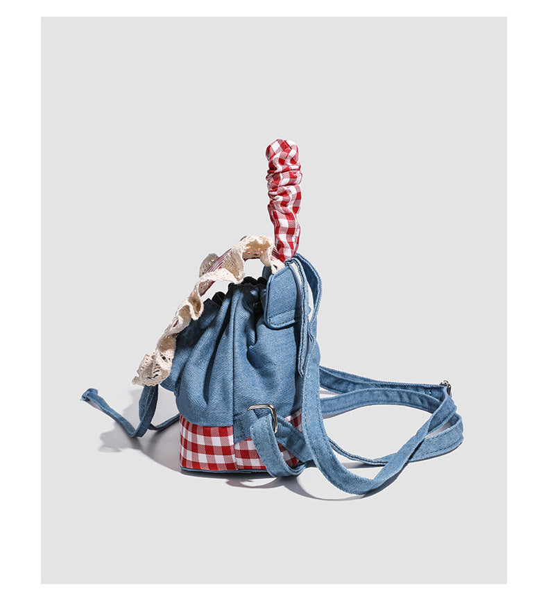 Lace trim denim backpack for women2025New Trendy Fashion Plaid Lace Backpack Handbag Shoulder Bag
