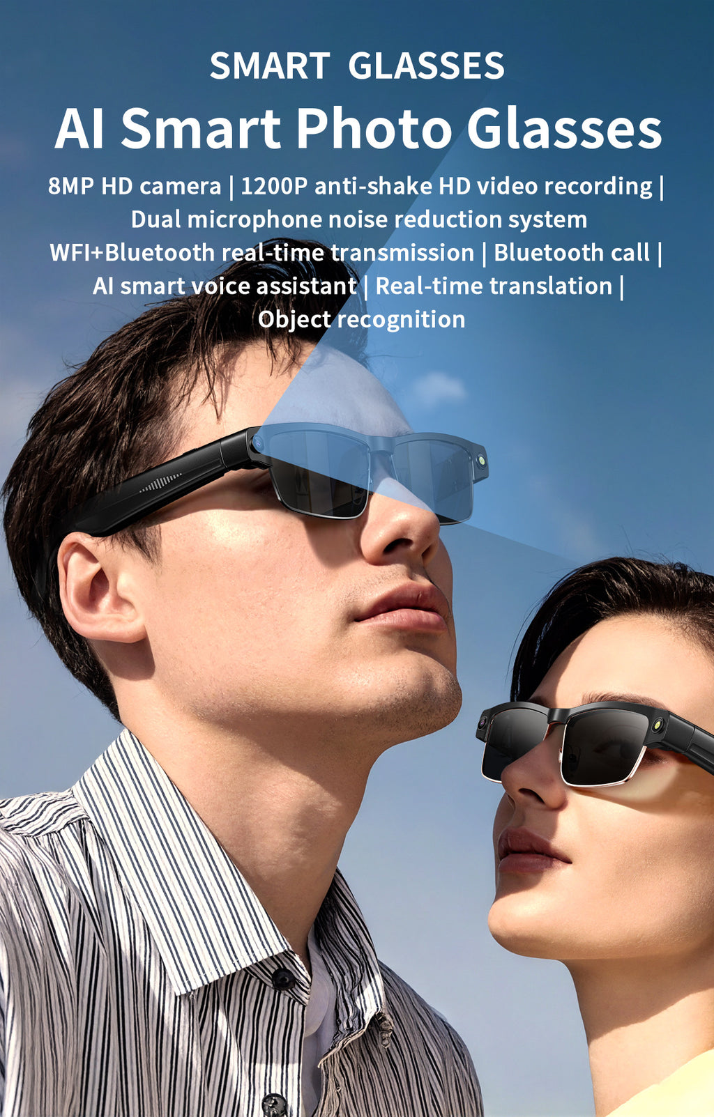 L802Smart Glasses800100 Megapixel Camera with Image Stabilization1200P Video Recording Half Frame Color Changing Sunglasses Translation