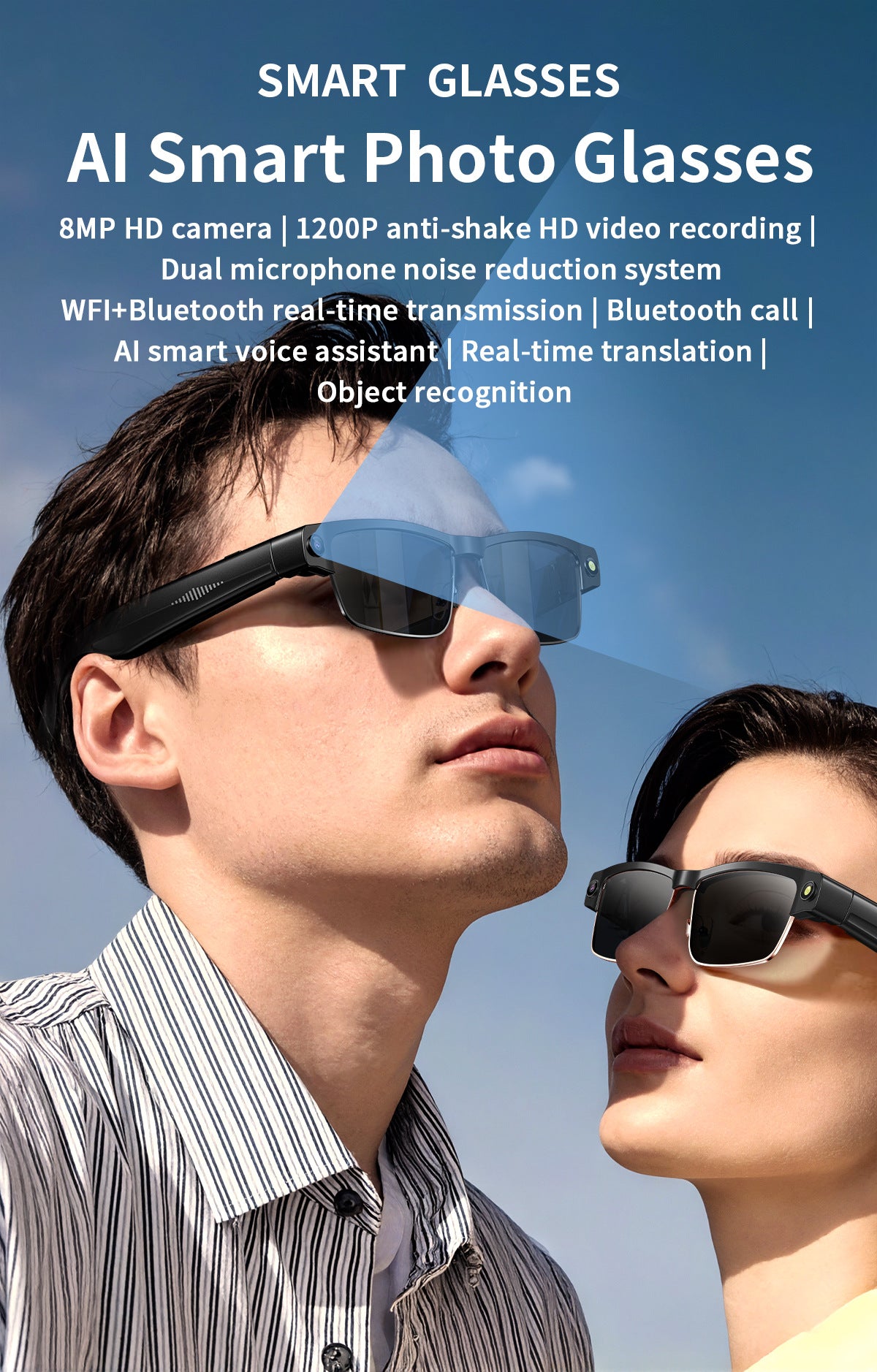 L802Smart Glasses800100 Megapixel Camera with Image Stabilization1200P Video Recording Half Frame Color Changing Sunglasses Translation