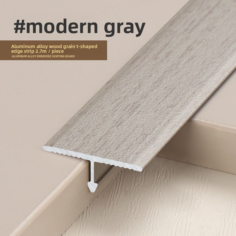 Modern gray aluminum alloy wood grain t-shaped edge strip, 2.7m, ideal for home decor.