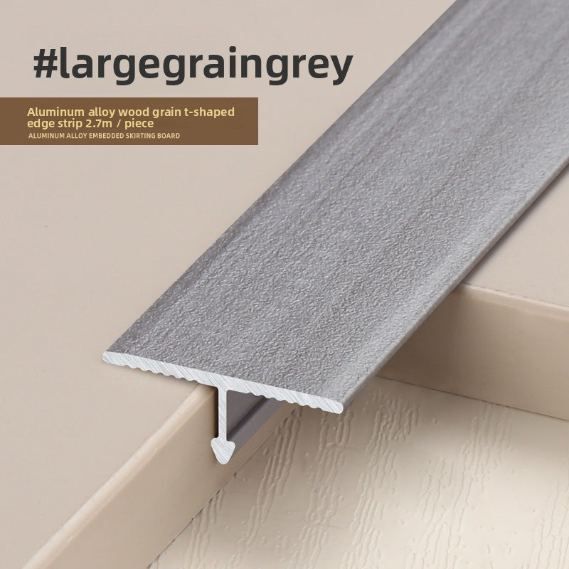 Large Grain Grey aluminum alloy wood grain T-shaped edge strip, 2.7m long, ideal for finishing edges.