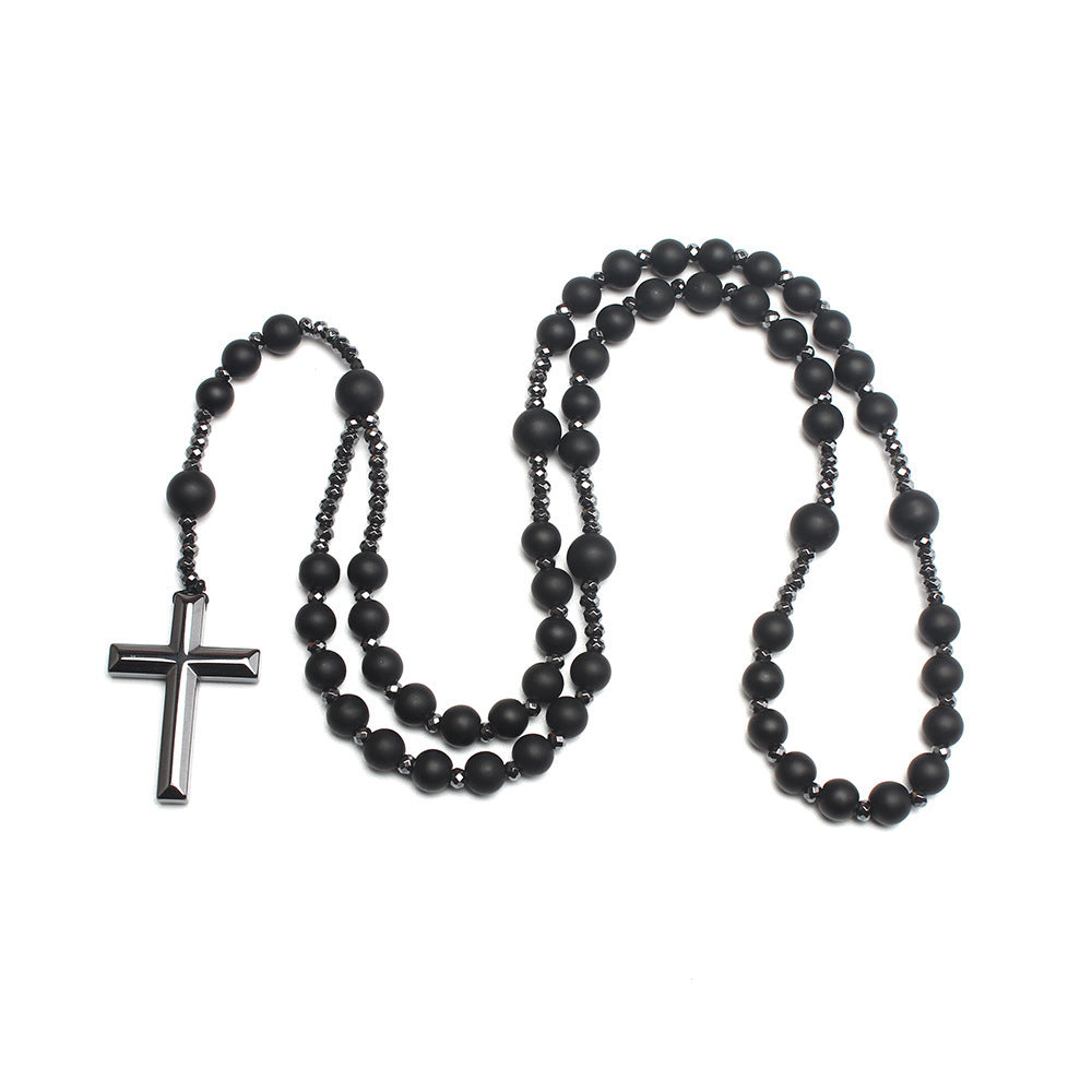 Men's Matte Stone Braided Rope Cross Necklace Natural Stone Beaded Long Necklace Tiger Eye Stone Cross Necklace