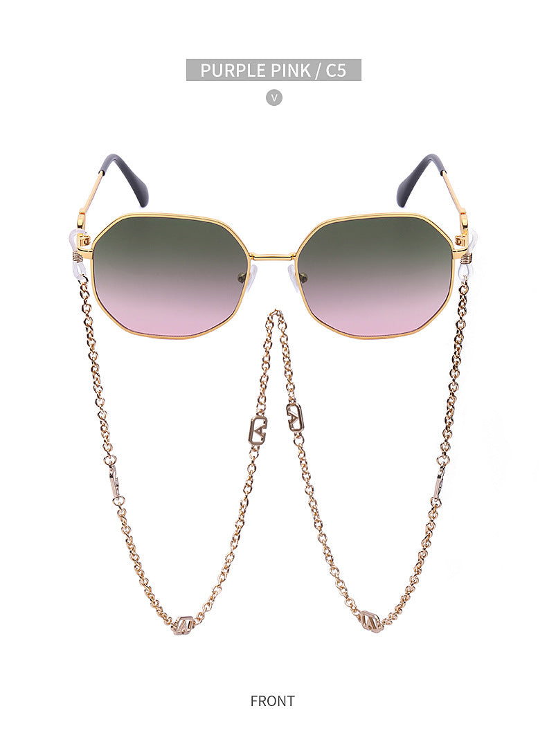 Chain Sunglasses for Women, Internet Celebrity Style, Anti-Drop Chain, Irregular Polygonal Full Frame Sunglasses for Women, Trendy
