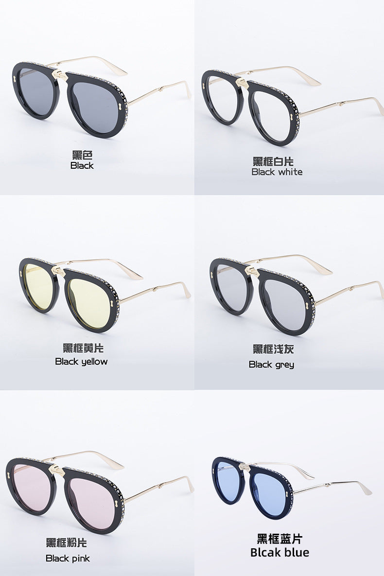 Diamond-Encrusted Foldable Sunglasses for Women Fashionable Internet Celebrity Style Sunglasses Artistic Bare-Faced Glasses Toad Glasses sunglasse