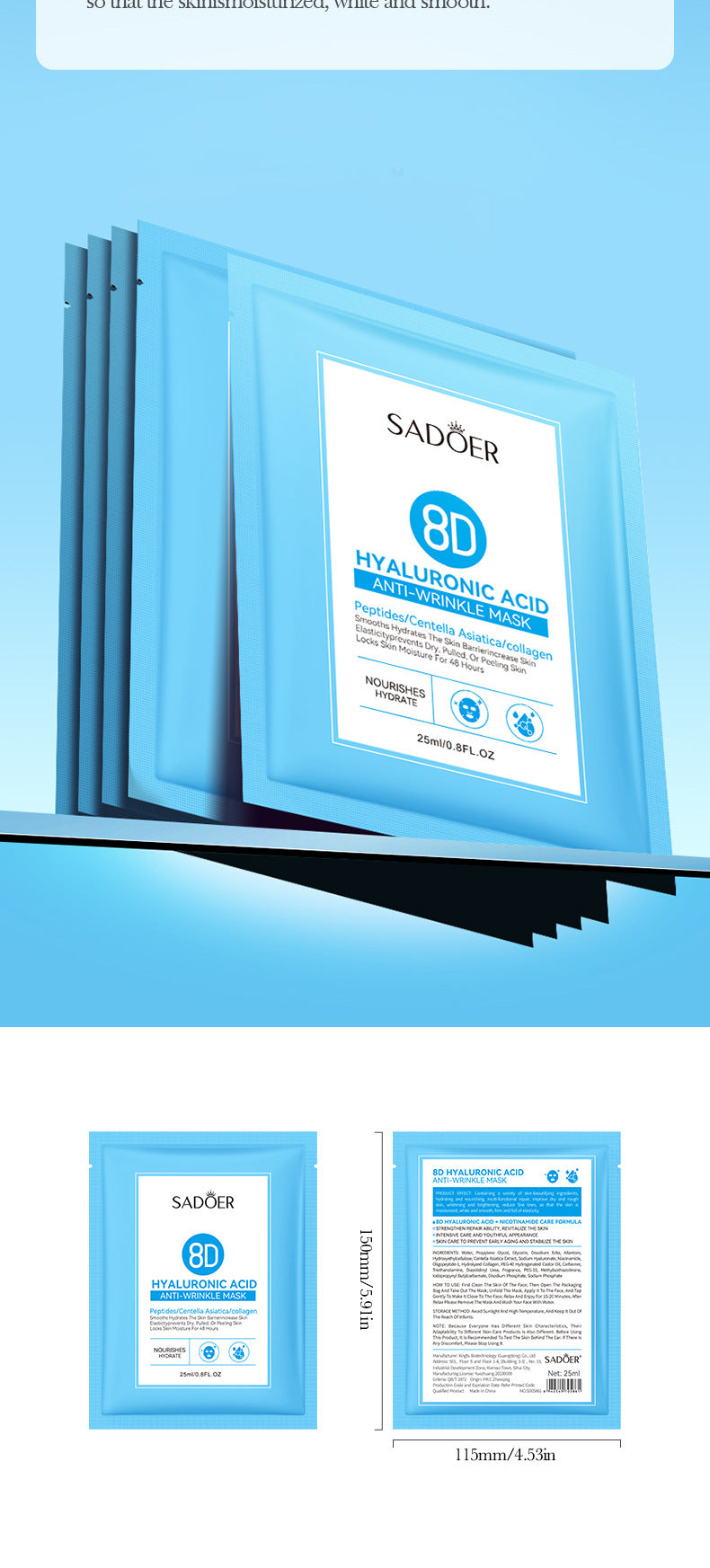 Full English Hyaluronic Acid Mask25mlSADOER8D Anti-wrinkle Nourishing Hydrating Moisturizing  Wholesale