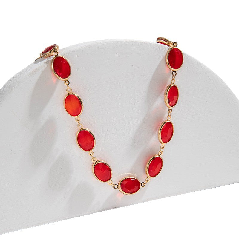 European and American Jewelry Red Diamond Cross Pendant Pearl Necklace Geometric Oval Red Diamond Necklace Wholesale