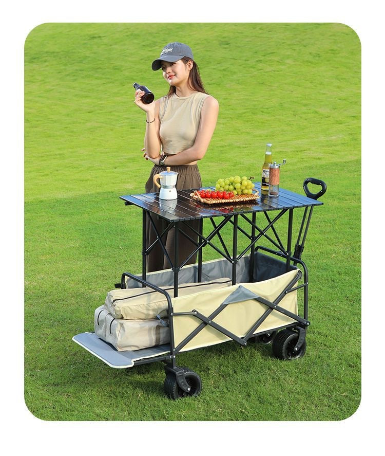 Outdoor Camping Hand-Pulled Stall Cart Reinforced Rear-Opening Picnic Can Be Used at Home with Liftable Table Board Camp Cart Off-Road Wheels