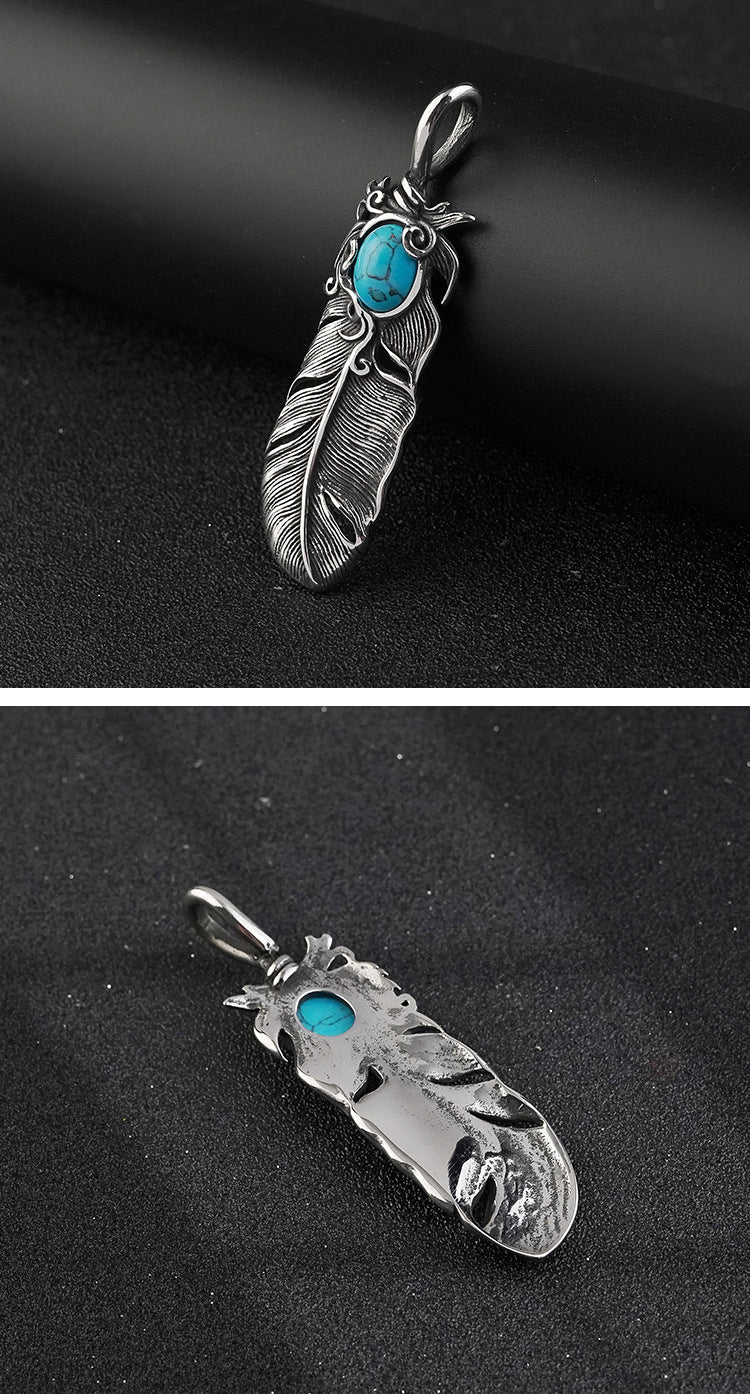 New Titanium Steel Necklace European and American Square Pearl Chain Hip Hop Rap American Pendant Accessories Retro Feather Ethnic Style