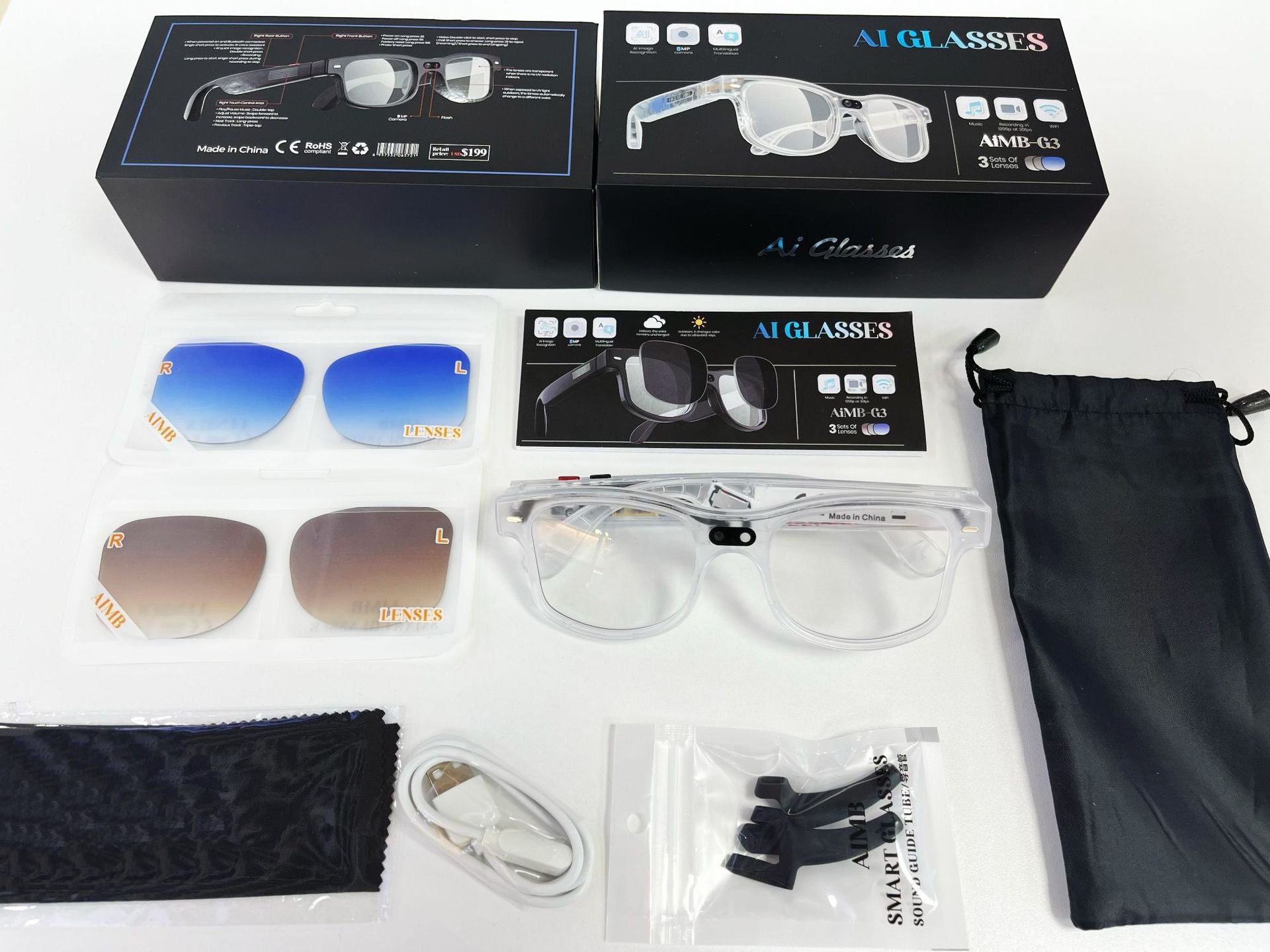 AIMB-G3Smart Glasses800100 Megapixel Camera1200P Video Recording Color Changing Lenses AI Simultaneous interpretation