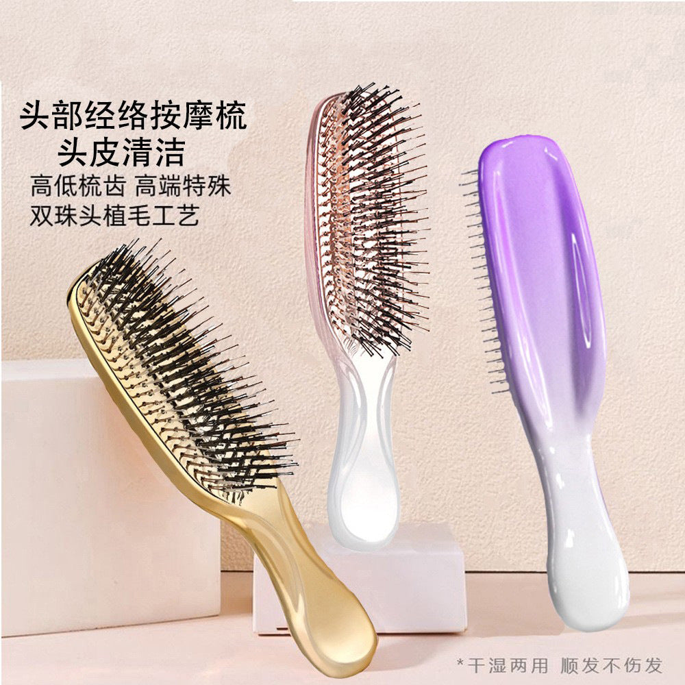 Cross-Border Meridian Fluffy Scalp Cleaning Care Comb High Low Comb Teeth Dry Wet Dual-Use Smooth Hair Fine Needle Electroplated Massage Comb