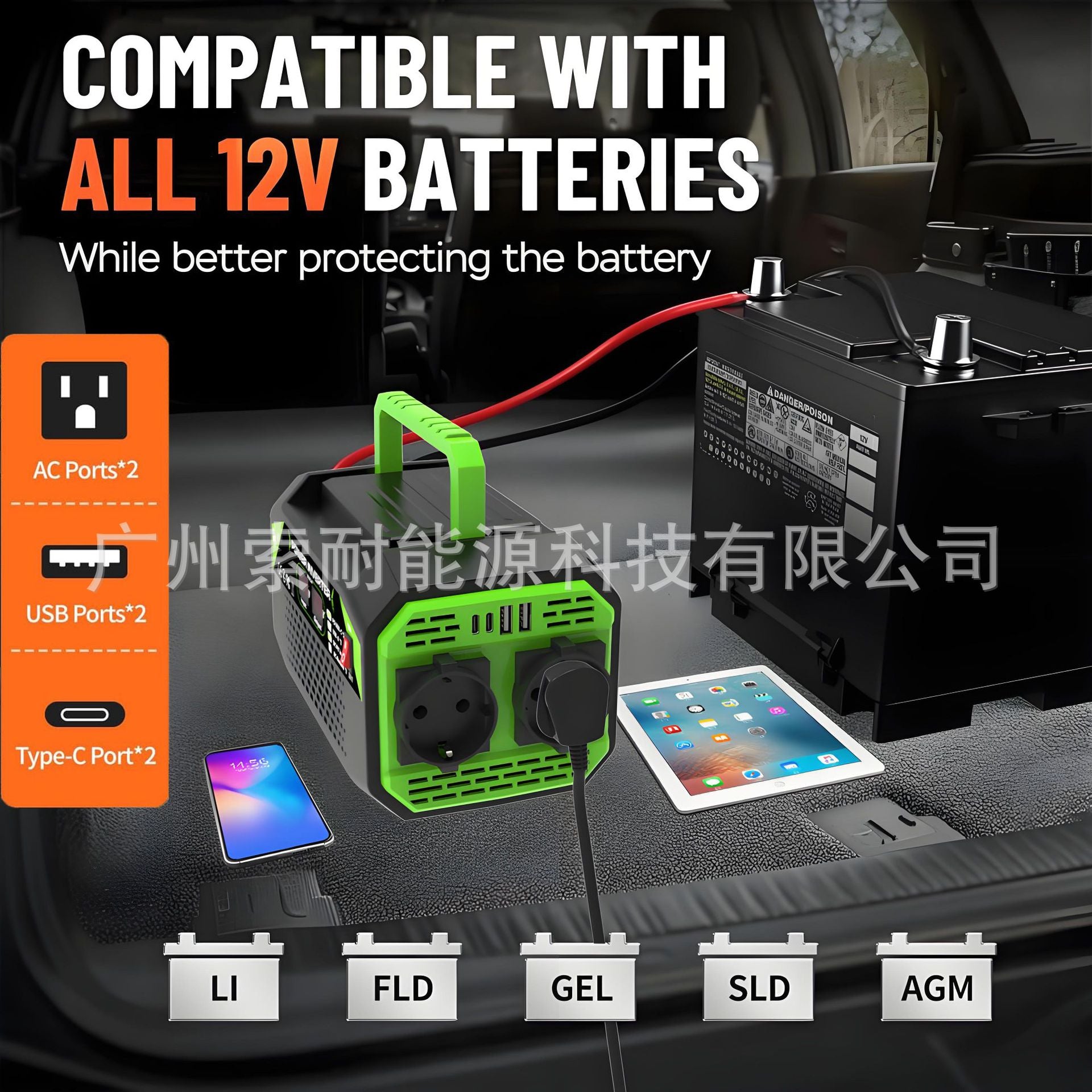 European Standard Socket Car Inverter300W/500W12V Turn220V/230V With dual display/USB/Type-C