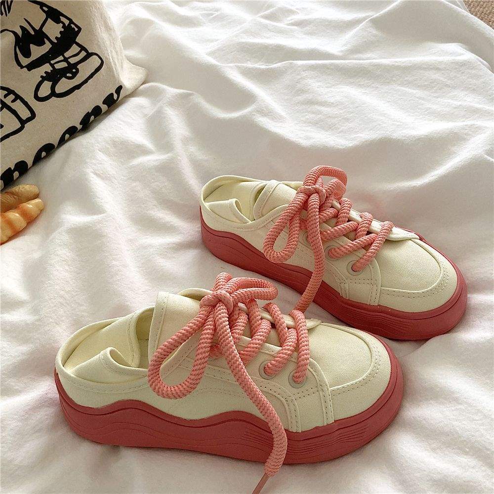 Honeydew Green~!Niche chic Korean Style Two-Way Canvas Shoes for Women, Summer Breathable Thin Versatile Thick-Soled White Shoes