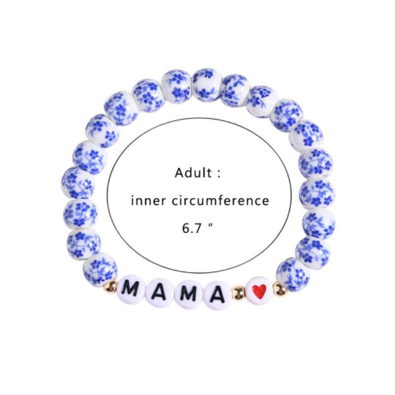 Mother's Day Gift Bracelet for Women, Festive Chinese Style Bracelet8mm Orchid Beaded MAMA Alphabet Blue and White Porcelain Bracelet