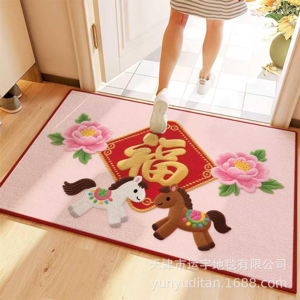 2026Year of the Horse Doormat New Year Red Festive Entrance Door Mat Spring Festival Atmosphere Dust Removal Foot Mat