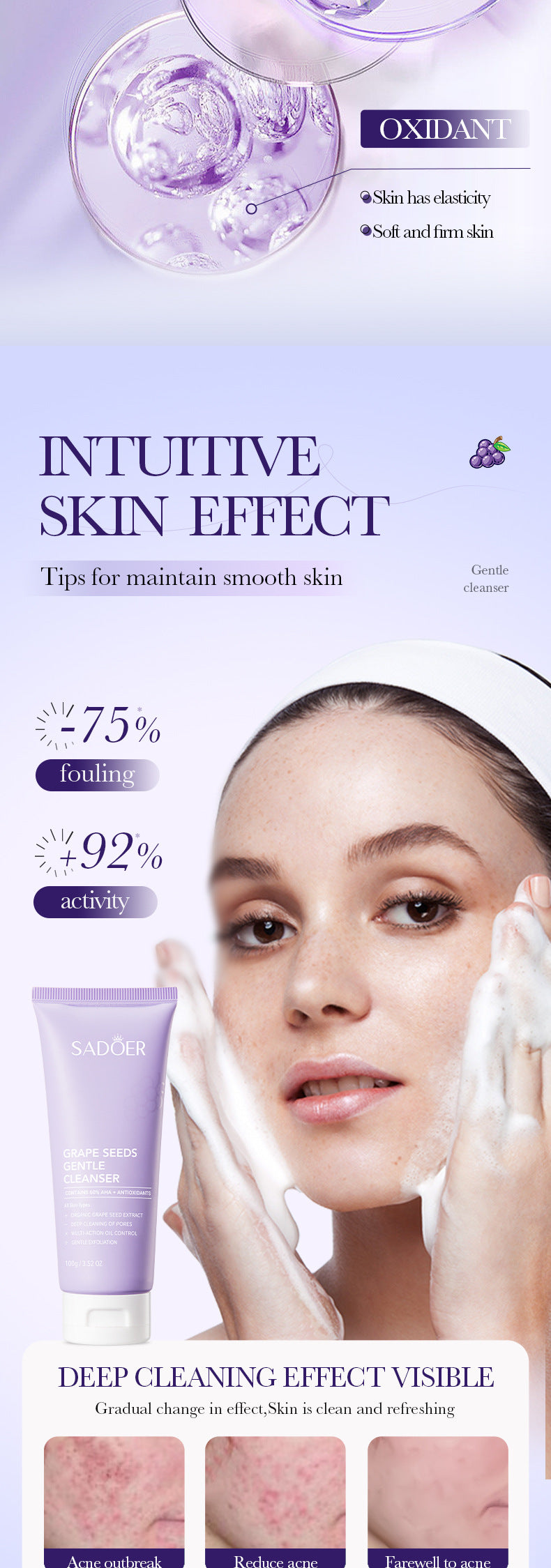 Grape Seed Skin Care Series SADOER Mild and Moisturizing Facial Cleanser, Skin Rejuvenating Eye Cream, Cross-Border Wholesale