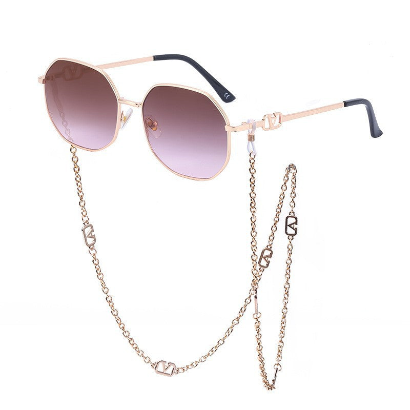 Chain Sunglasses for Women, Internet Celebrity Style, Anti-Drop Chain, Irregular Polygonal Full Frame Sunglasses for Women, Trendy