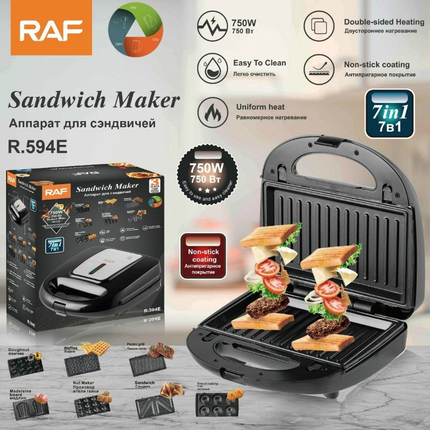 RAF European Standard 7-in-1 Waffle Maker Breakfast Machine Portable Baking Steak Home Multi-Functional 594E