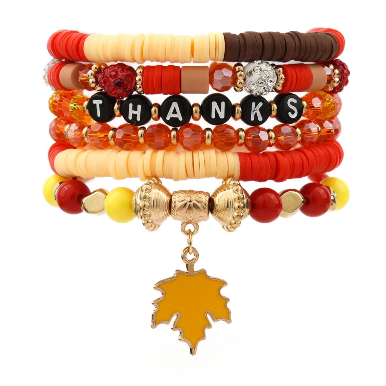 Alphabet Soft Clay Bracelet Set THANKS Bevel Cut Bead Harvest Pumpkin Pendant Bracelet Maple Leaf Thanksgiving Bracelet