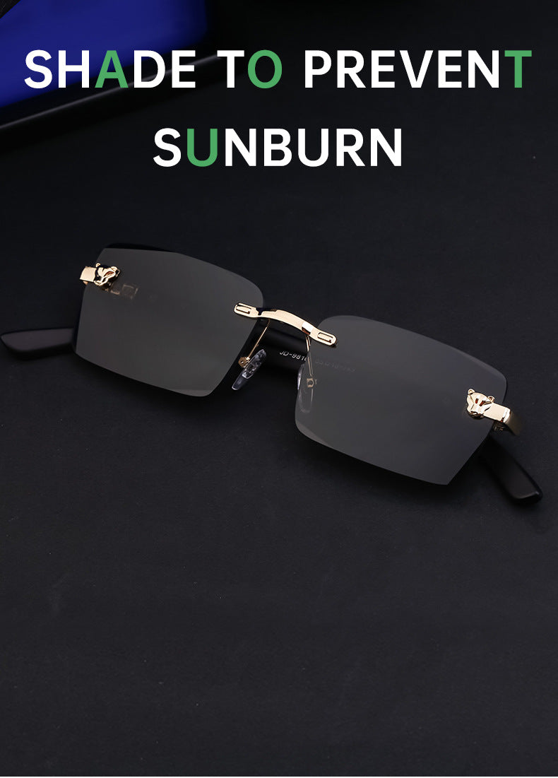 European and American Retro Frameless Sunglasses for Men with Imitation Wood Grain Temples, Men's Mountaineering Glasses shades