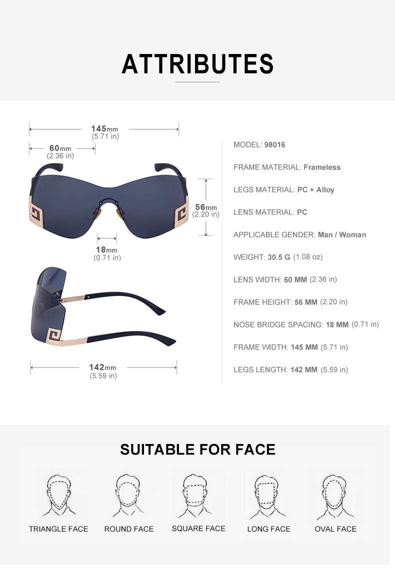 European and American Fashion Frameless Windproof Sunglasses for Women Trendy Large Frame Sunglasses Women's Glasses Wholesale sunglasses