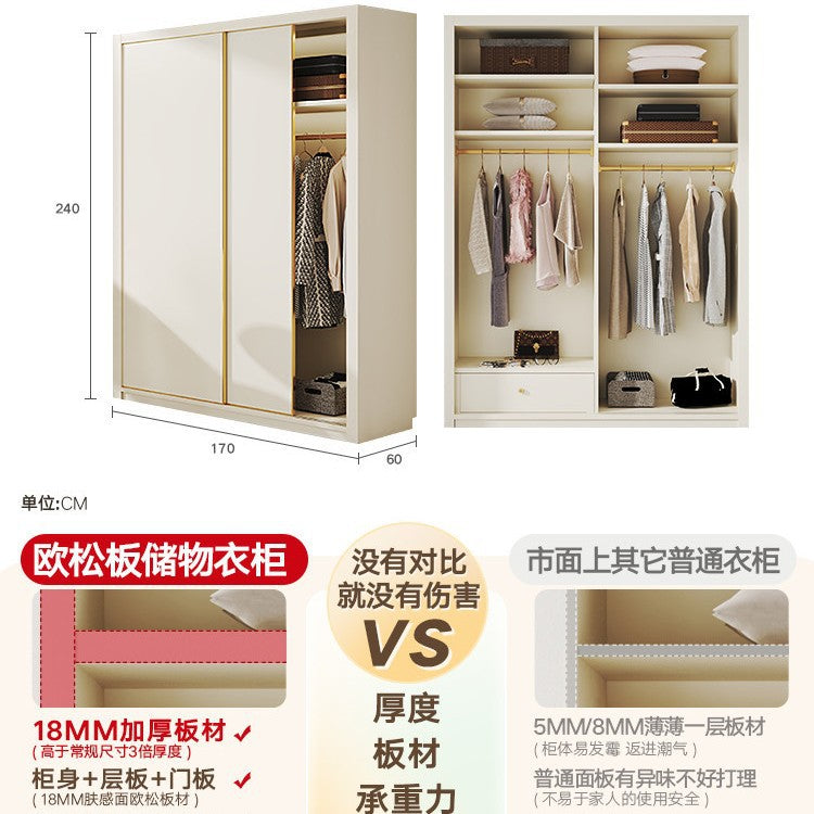 E0European Pine Board Warm White Sliding Door Wardrobe Desk Integrated Set Cream Style Bedroom Home Solid Wood Large Wardrobe