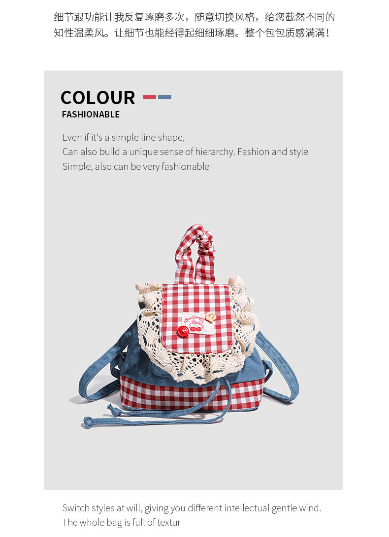 Lace trim denim backpack for women2025New Trendy Fashion Plaid Lace Backpack Handbag Shoulder Bag